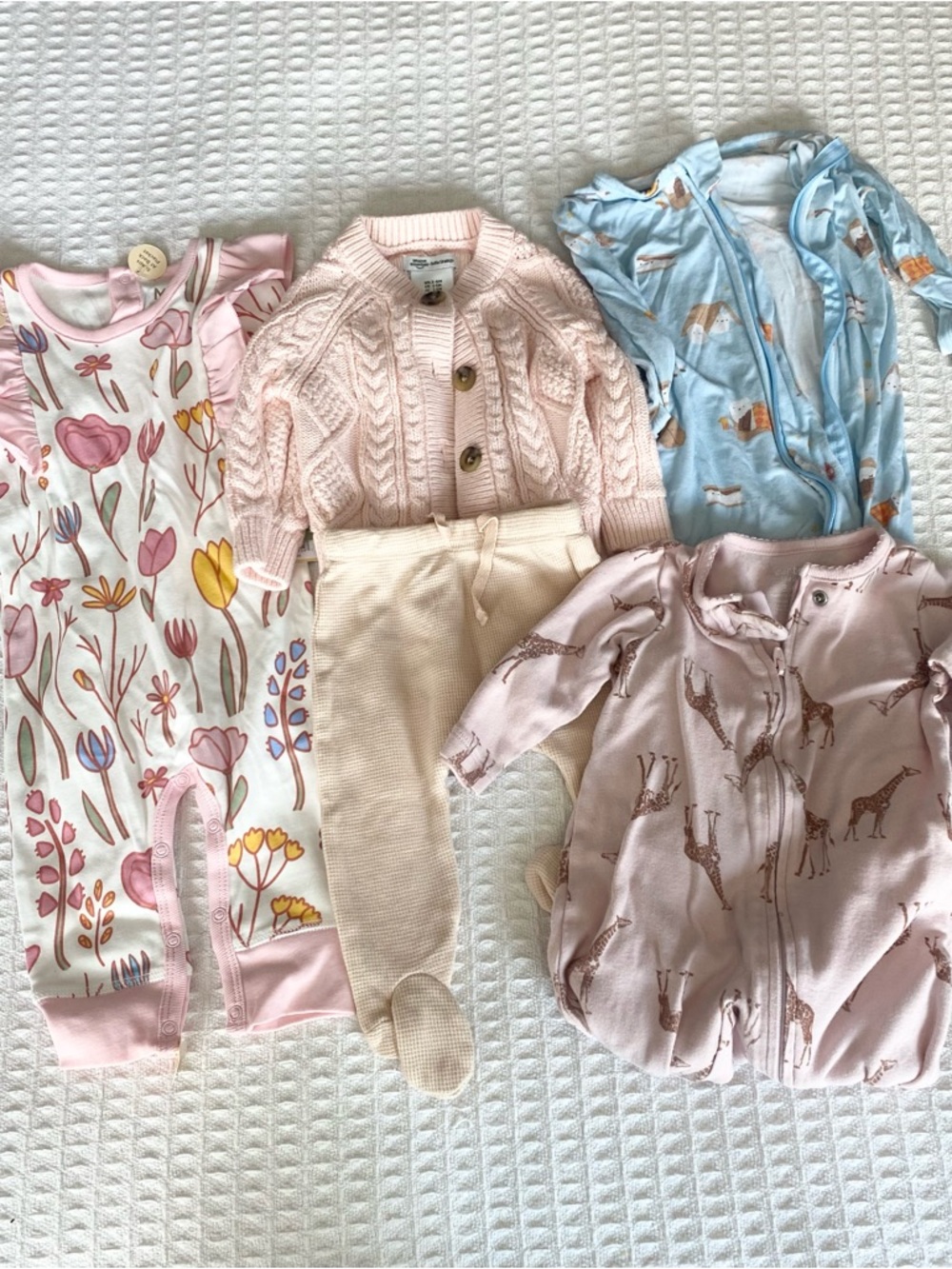 Baby Clothing Bundle - Pink Floral, Pink Knit, Blue and Pink Sleepers